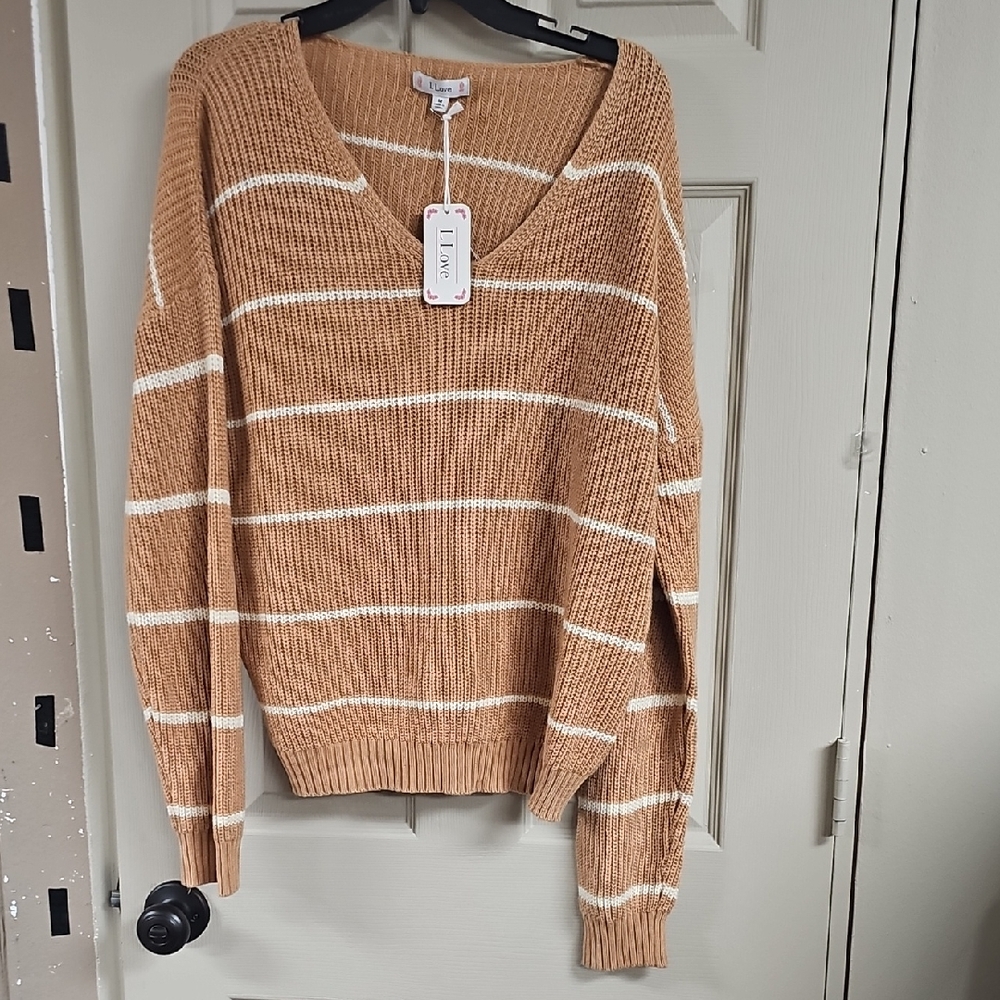 Brown and White V-Neck Sweater